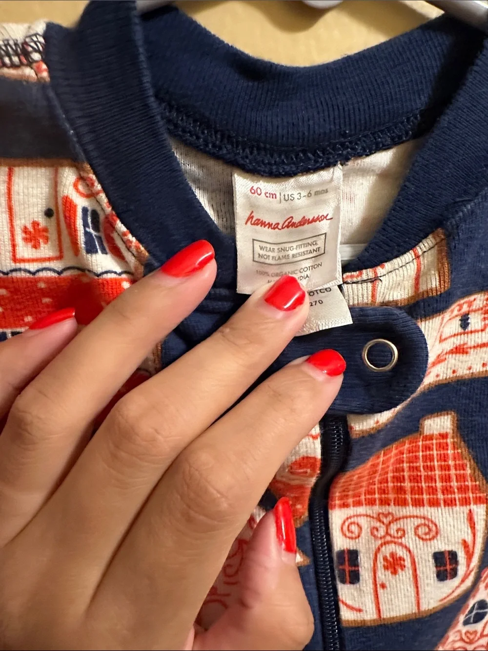 Hanna Andersson Navy and Red Kids One-Piece Footie with House Print